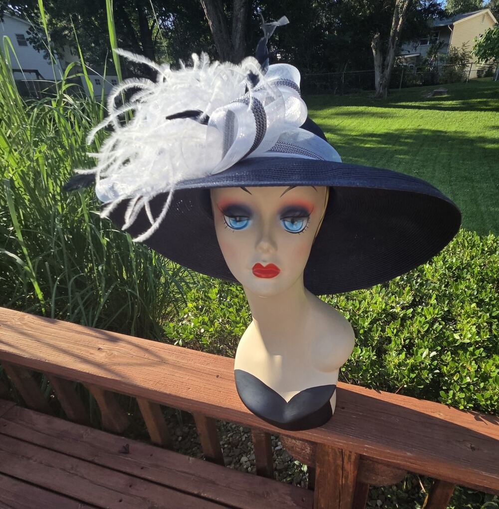 Preston & York Asymmetrical Navy Derby Church Hat Wide Brim Feather 22.5"